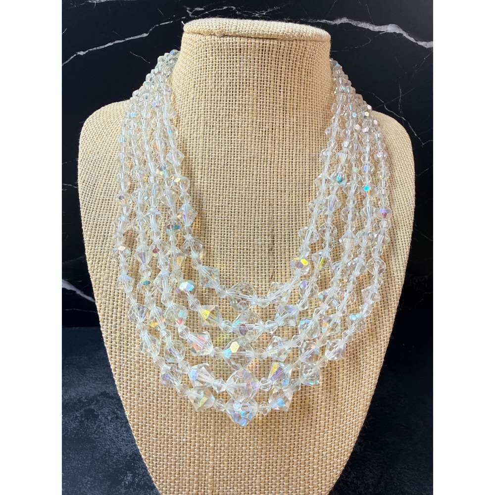 Vintage Aurora Borealis Crystal 5 Strand Bib Necklace Iridescent Glass Beaded
